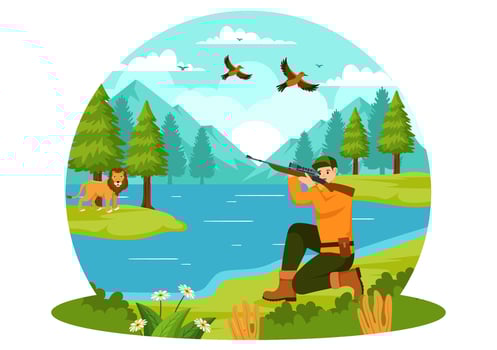 Hunting Vector Illustration with Hunter Rifle or Weapon for Shooting to Birds or Wild Animals in the forest on Flat Cartoon Background Design
