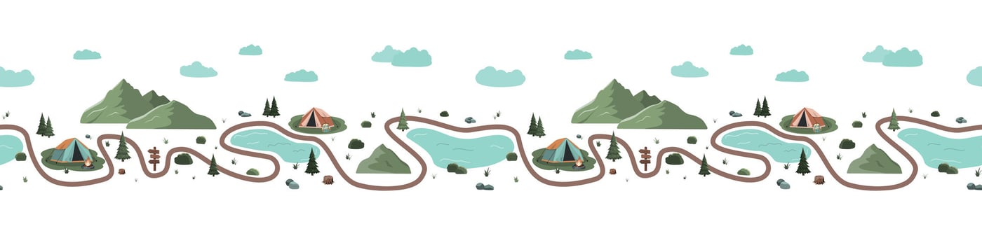 Vector seamless pattern with camping landscape, tents trails. Design for textiles, banners, wallpapers. Isolated on white background