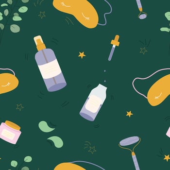 Seamless pattern with organic skin care products, gua sha stone, sleeping mask and eucalyptus branches.Home skin care treatment background vector