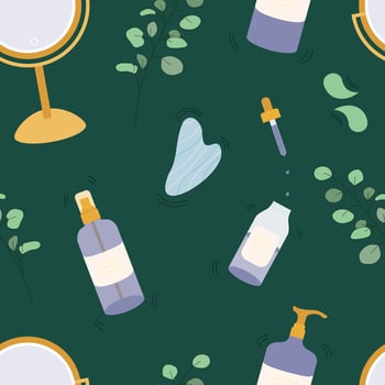 Seamless pattern with organic skin care products, gua sha stone, make up mirror and eucalyptus branches.Home skin care treatment background vector