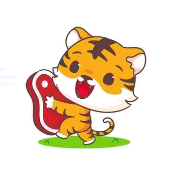 Cute little tiger holding meat cartoon character. Adorable animal concept design. Vector art illustration