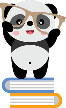Panda student holding glasses on top of books vector