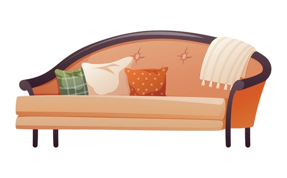 Vintage classic soft comfortable orange sofa with pillows and blanket. Living room interior decor. Vector isolated cartoon illustration of furniture.