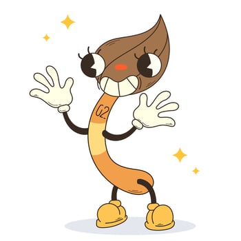 Colored vector illustration in groove style with an image of a paint brush, in flat color. Brush with a smile and white gloves