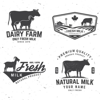 Dairy farm. Only fresh milk badge, logo. Vector. Typography design with cow , goat silhouette. Template for dairy and milk farm business - shop, market, packaging and menu vector
