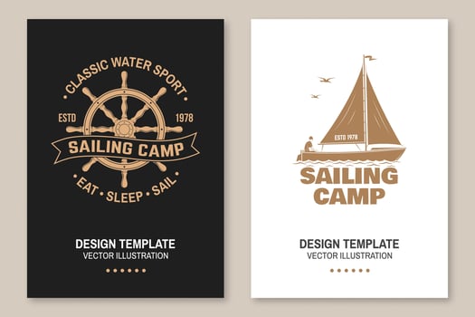 Set of summer sailing camp template. Vector illustration Flyer, brochure, banner, poster design with man in sailboats and steering hand wheel ship silhouette. Ocean adventure sporting activity