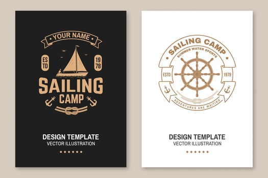 Set of summer sailing camp template. Vector illustration Flyer, brochure, banner, poster design with man in sailboats and steering hand wheel ship silhouette. Ocean adventure sporting activity