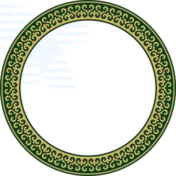 Vector gold and green Kazakh national round pattern, frame. Ethnic ornament of the nomadic peoples of Asia, the Great Steppe, Kazakhs, Kirghiz, Kalmyks, Mongols, Buryats, Turkmens