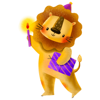 Lion with a festive candle and gift box. Hand drawn birthday illustration. Cute kids cartoon holiday illustration for children's birthday and baby shower. Celebrating png