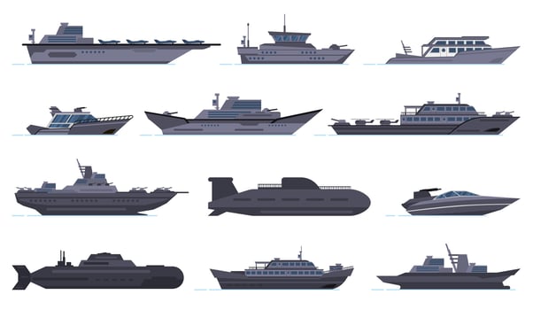 Military ships. Battle combat boats, missile ship, security boats, modern warships and submarine, army weapon battleships vector icons set