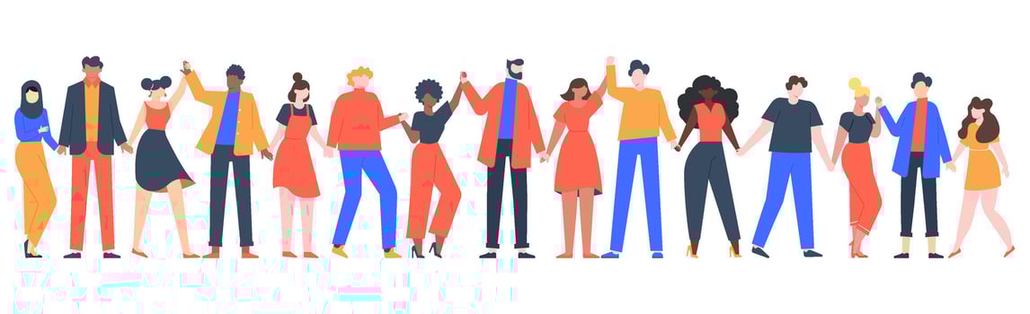 Group of smiling people. Team of young men and women holding hands, characters standing together, friendship, unity concept vector illustration