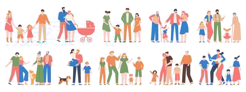 Family groups. Love family portraits, traditional families, mother, father, happy kids, different generations characters vector illustration set