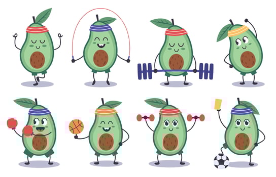 Avocado fitness. Funny doodle avocado character do sport, meditation, play soccer, sports avocado mascot isolated vector illustration icons set