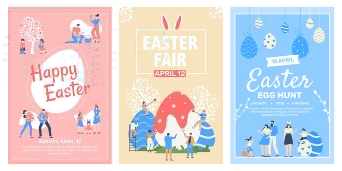 Easter event fair flyer. Happy easter celebrating event posters, spring holiday fair, family spring egg festival isolated vector illustration set