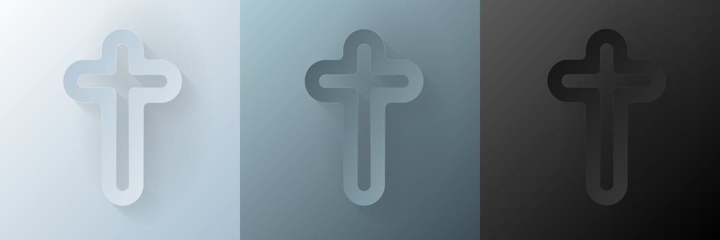 Papercut Christian cross. 3D Papercraft religious crucifix icon for posters and flyers, presentation, web, social media, design, banner, stickers, obituary, death notice or card of condolence. vector