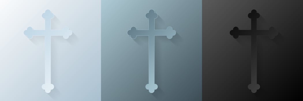 Papercut Christian cross. 3D Papercraft religious crucifix icon for posters and flyers, presentation, web, social media, design, banner, stickers, obituary, death notice or card of condolence. vector