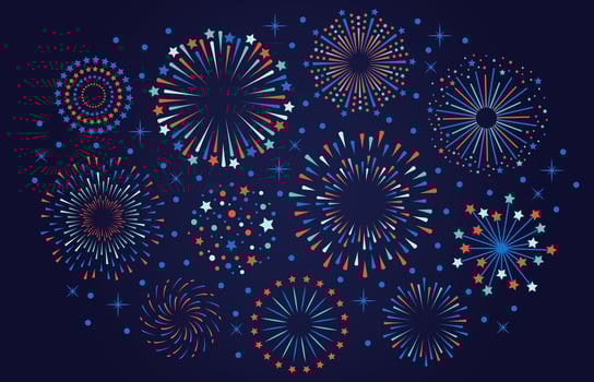 Celebration 4th July USA fireworks. Festival firecracker, colorful fireworks explosions, carnival party firework vector illustration