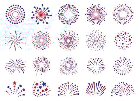 Fireworks 4th July. Celebration festival firecracker, party firework explosion, carnival colorful firework explosions vector icons set