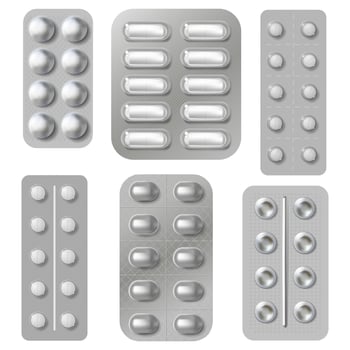 Blister tablets and pills packs. Realistic medicine vitamins capsule and antibiotics packing. Pharmaceutical drugs packaging isolated vector set
