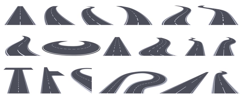 Road perspective view. Curving highway roads, bend asphalt roads in perspective. Turn town urban roads isolated vector illustration set