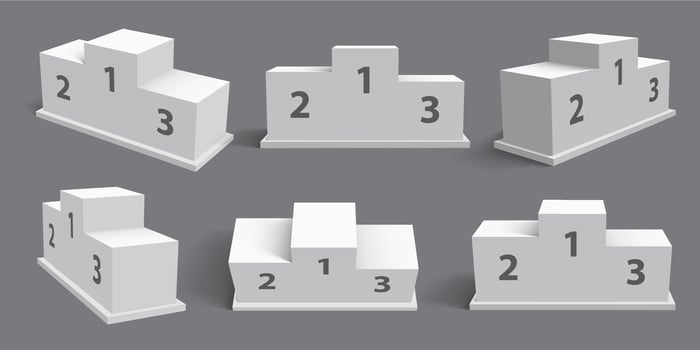 Winner podium. Realistic spotlight pedestal, stand stage. First, second, third place rewarding. Winners pedestal mockup vector illustration set