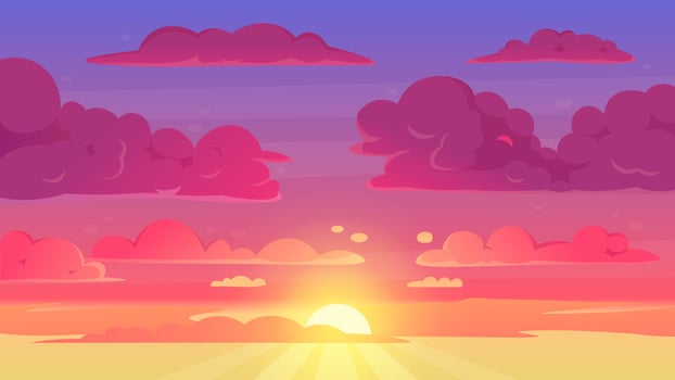 Cartoon sunset sky. Gradient violet and yellow sky clouds landscape, evening sunset heaven panorama vector background illustration