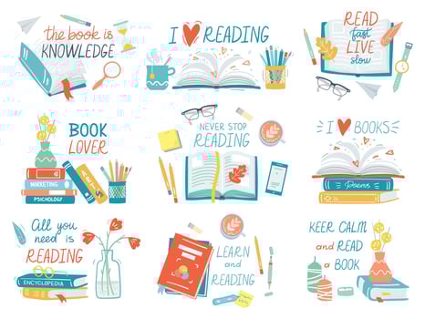 Books collection. Hand drawn lettering books concept, pile of books, reading library equipment, open and close books vector illustration icons set