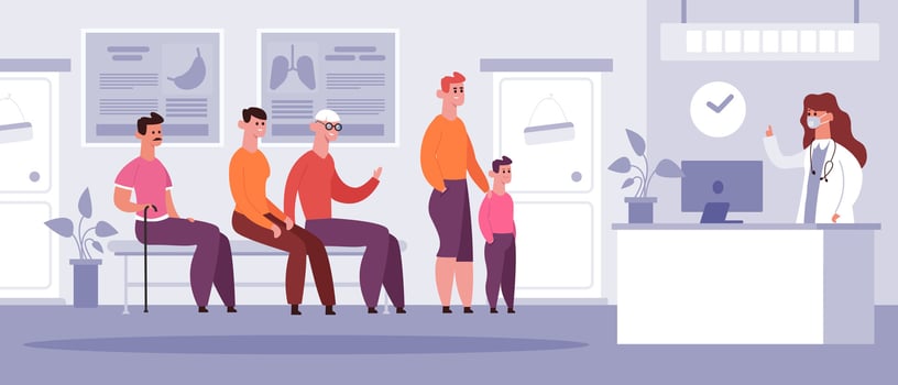 Clinical waiting room. Doctor medical appointment time, patients waiting in queue, hospital physician doctor meet arrangement vector illustration