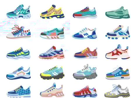 Modern sneakers. Running, training footwear, fitness sport sneakers, modern athletic shoes isolated vector illustration icons set