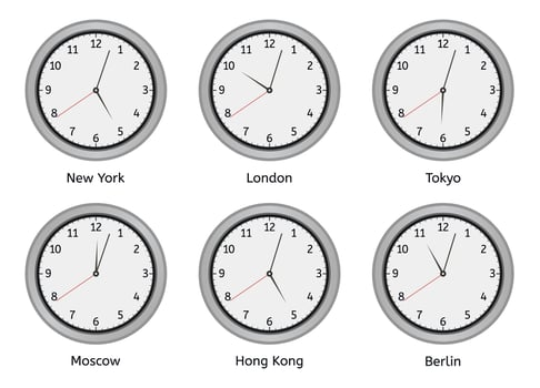 Time zone clocks. Modern wall round clock face, time zones day and night clock, world big cities time difference vector illustration set