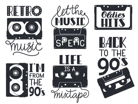 Retro cassette lettering. Hand drawn 90s retro music analogue audio cassette tape phrases, 80s audio record tape lettering vector icons set