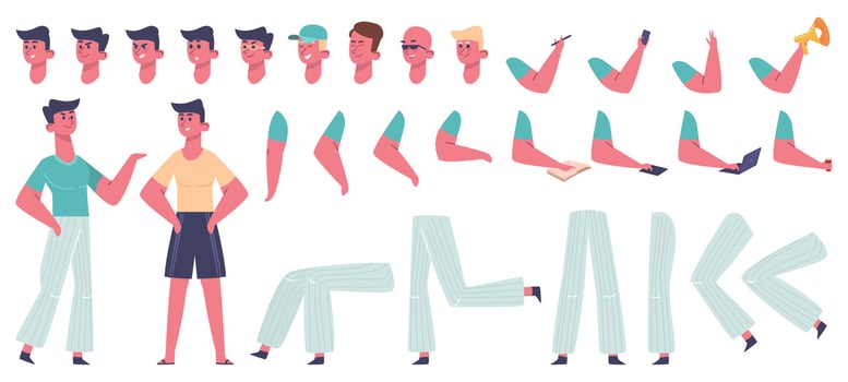 Male character constructor. Man body gesture poses, clothes and hairstyle, different legs, hands and facial emotion vector illustration icons set