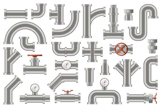 Water pipes. Metal pipelines construction, industrial metal tube pipes with counters, valves, rotary knobs isolated vector icons set