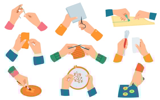 Creative handcraft. Workshop, needlework and knitting handmade process, human hands do hand craft isolated vector illustration set