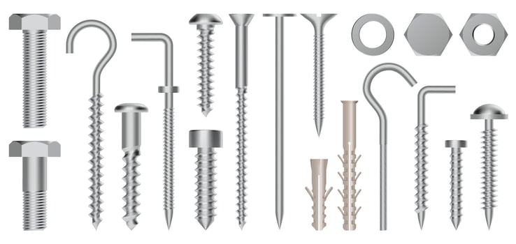 Realistic 3d screws and bolts. Hardware stainless screws, bolts, screw, nuts and eye hooks, metal fixation gear isolated vector illustration set