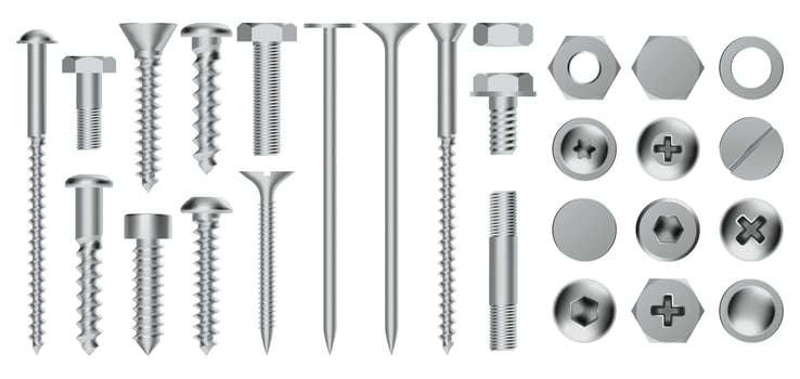 Realistic metal screws. Construction steel screw, hex cap nuts, rivets and bolts, drywall metal fastening vector illustration icons set