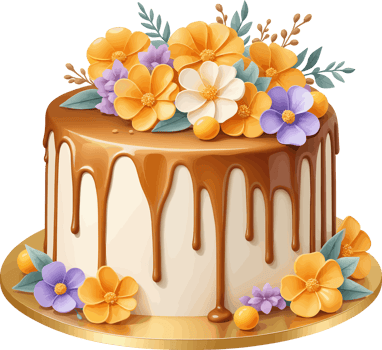 AI generated Yummy caramel cake decorated by flowers clipart isolated on transparent background png, tasty design elements for dessert, cafe, food, bakery decoration, luscious cake, special occasion png