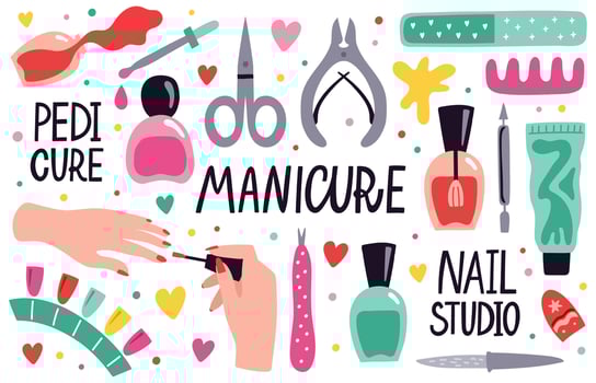 Doodle manicure equipment. Nail manicure tools, scissors, nail polish, tweezers and nail file, manicure accessories vector illustration set