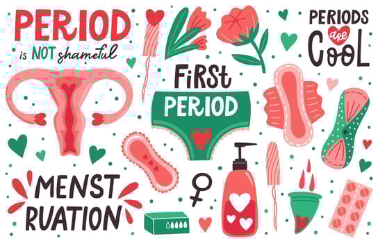 Menstruation hygiene. Female menstrual cycle, periods hygiene, menstrual cup, sanitary pad, tampons. Woman critical days vector illustration set