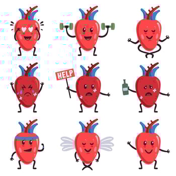 Cute heart characters. Healthy and sick unhealthy cute heart characters, medical human organ, sad and happy heart organ vector illustration set