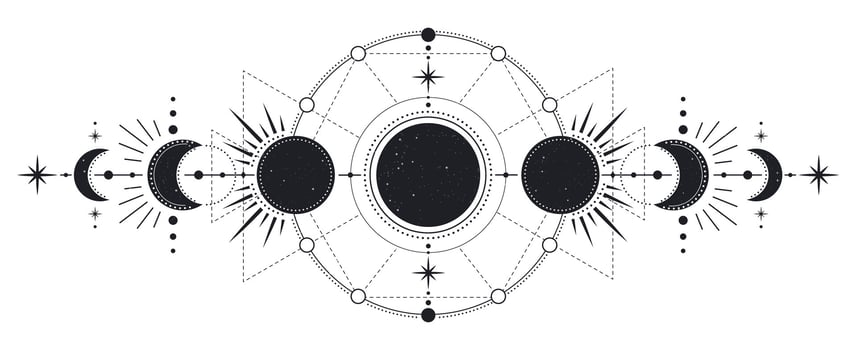 Moon phases. Mysterious moonlight activity stages, hand drawn sacred geometry moon, magic astrology symbols, phases of moon vector illustration
