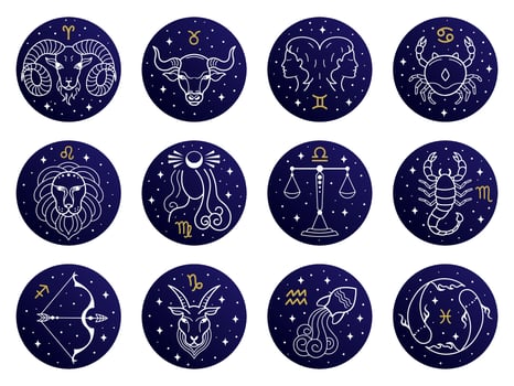 Astrological zodiac signs. Aries, taurus, leo and gemini horoscope, virgo, scorpio, libra, aquarius zodiac, sagittarius, pisces, capricorn, cancer vector symbols