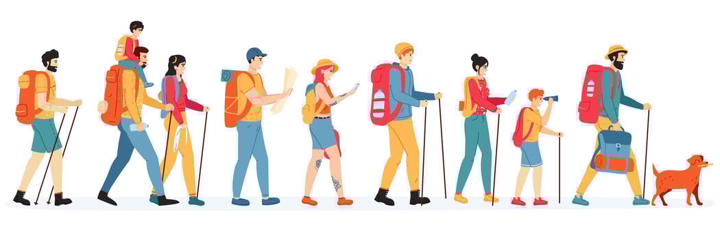 Travelling hikers. Outdoor active hikers, walking young men and women with backpacks, tourists people in trekking tour vector illustration set