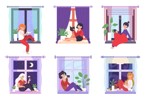 Girls in windows. Young women sitting on windowsill, thinking, reading and drinking coffee, cozy home amusement vector illustration icons set