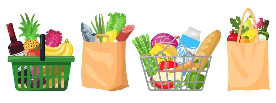 Supermarket grocery bags. Shopping baskets and bags, plastic, paper purchases packages, shopping bags with organic foods vector illustration set