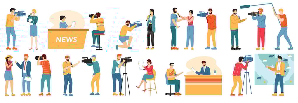 Journalist characters. Reporters, news presenter and videographers, tv show hosts characters interviewing people isolated vector illustration set