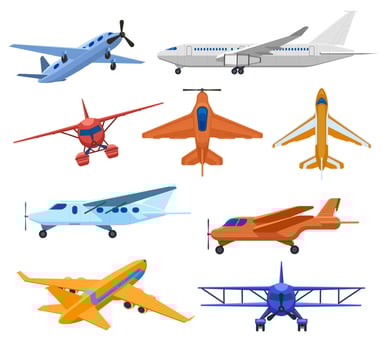 Aircraft jets. Flight vehicles, passenger jet airplane, private aircraft and cargo service plane. Commercial aviation aircrafts vector illustrations