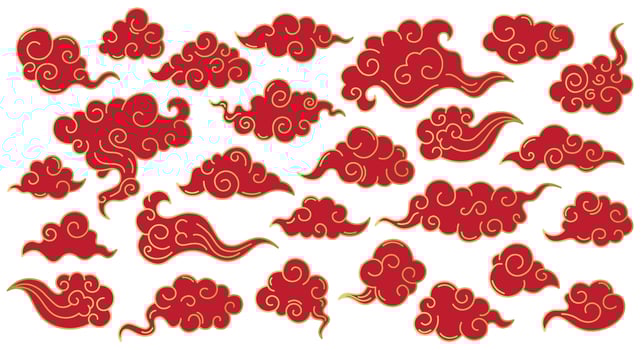 Japanese oriental clouds. Asian traditional sky clouds, korean doodle ornament. Chinese oriental decorative vector symbols