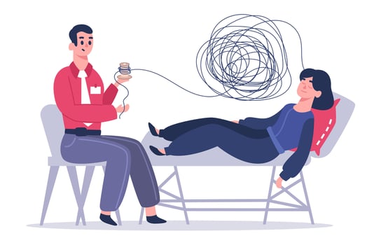 Psychotherapy session. Woman with psychologist, psychological therapy, female patient in depression. Psychiatry appointment vector illustration
