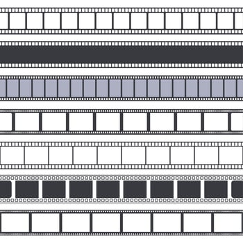 Movie and photo tape. Film strip seamless borders, vintage video or photo empty strips. Retro frame movie tape vector illustration set